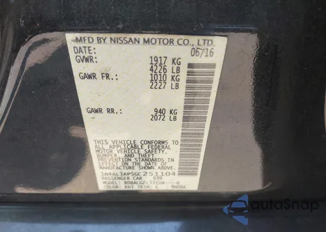 2016 Nissan Altima 2.5 S z USA, uszkodzony, nr VIN 1N4AL3AP5GC251104